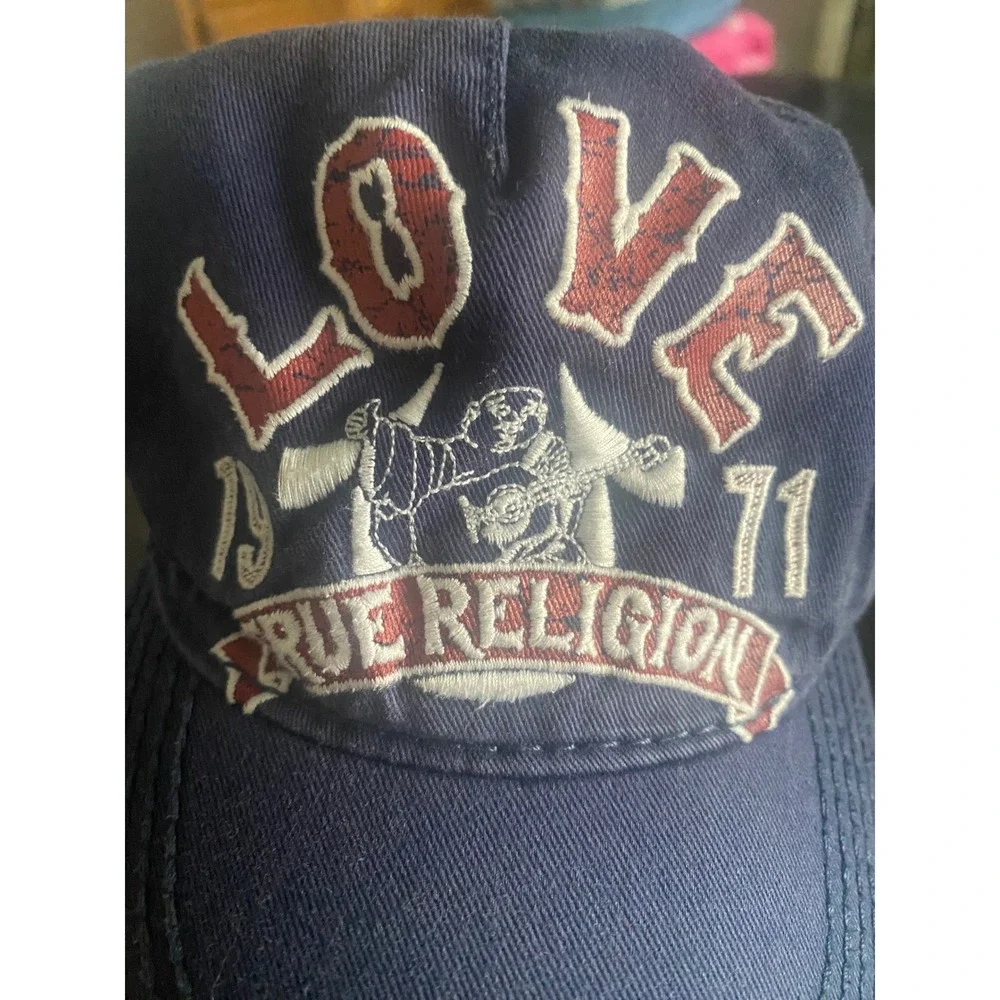 True Religion Hat Unisex OS Navy Love 1971 Buddha Logo Distressed Baseball Cap